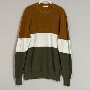 Elk Head Merino Wool Cotton Colorblock Sweater Olive Tan Size M